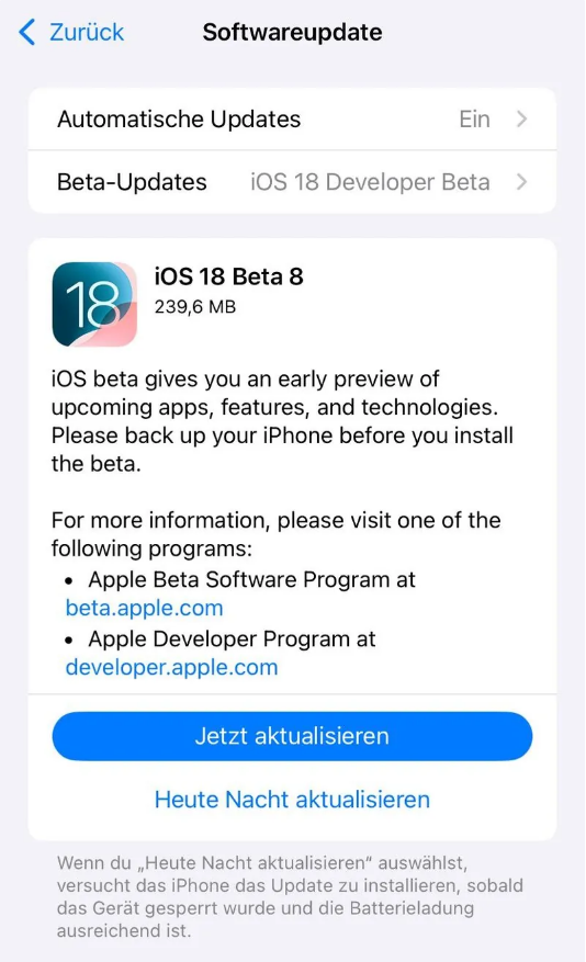 札达苹果手机维修分享苹果 iOS / iPadOS 18 开发者预览版 Beta 8 发布 